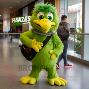Lime Green Haast'S Eagle mascot costume character dressed with a Boyfriend Jeans and Backpacks