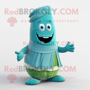 Cyan Zucchini mascot costume character dressed with a Sweater and Cummerbunds