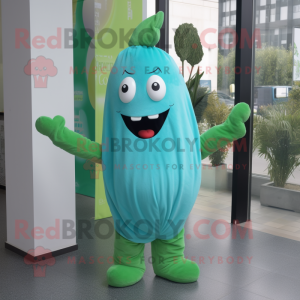 Cyan Zucchini mascot costume character dressed with a Sweater and Cummerbunds