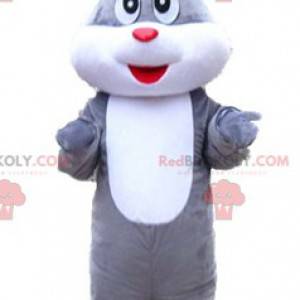 Mascotte coniglio grigio e bianco dolce gioviale e carino -