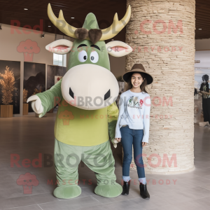 Olive Zebu mascot costume character dressed with a Skinny Jeans and Hair clips