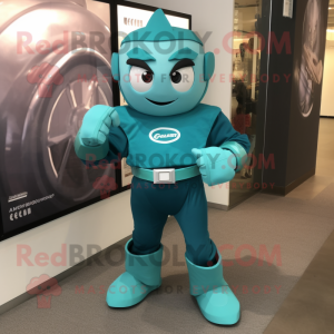 Teal Superhero mascot costume character dressed with a Shorts and Bracelet watches