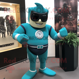 Teal Superhero mascot costume character dressed with a Shorts and Bracelet watches