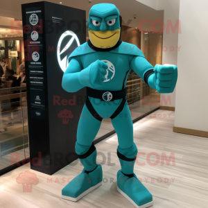 Teal Superhero mascot costume character dressed with a Shorts and Bracelet watches