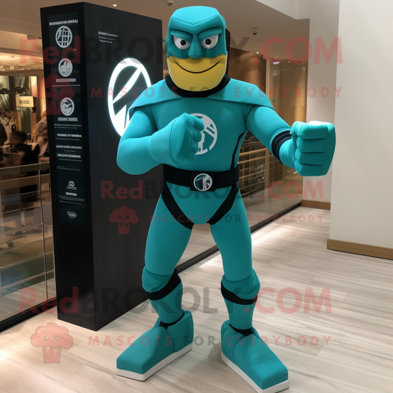 Teal Superhero mascot costume character dressed with a Shorts and Bracelet watches Teal Superhero mascot costume character dressed with a Shorts and Bracelet watches