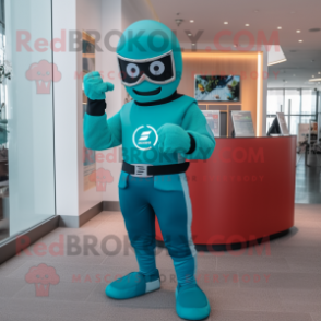 Teal Superhero mascot costume character dressed with a Shorts and Bracelet watches