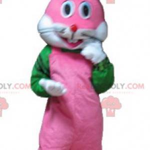 Mascote coelho rosa branco e verde muito sorridente -