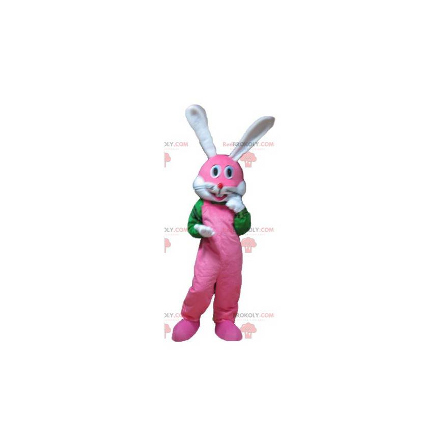 Mascotte de lapin rose blanc et vert très souriant -