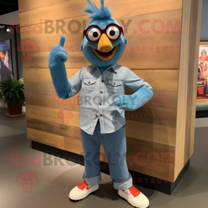 Sky Blue Tandoori Chicken mascot costume character dressed with a Chambray Shirt and Bracelet watches