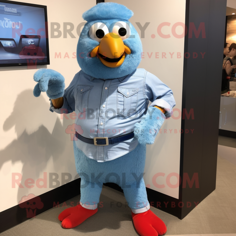 Sky Blue Tandoori Chicken mascot costume character dressed with a Chambray Shirt and Bracelet watches