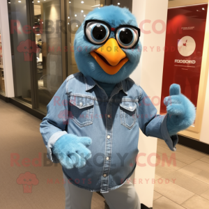 Sky Blue Tandoori Chicken mascot costume character dressed with a Chambray Shirt and Bracelet watches