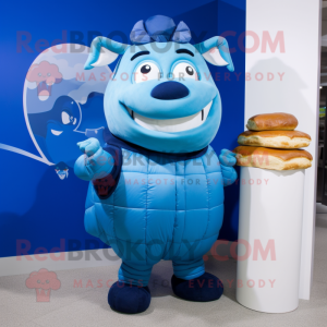 Blue Beef Wellington mascot costume character dressed with a Turtleneck and Earrings
