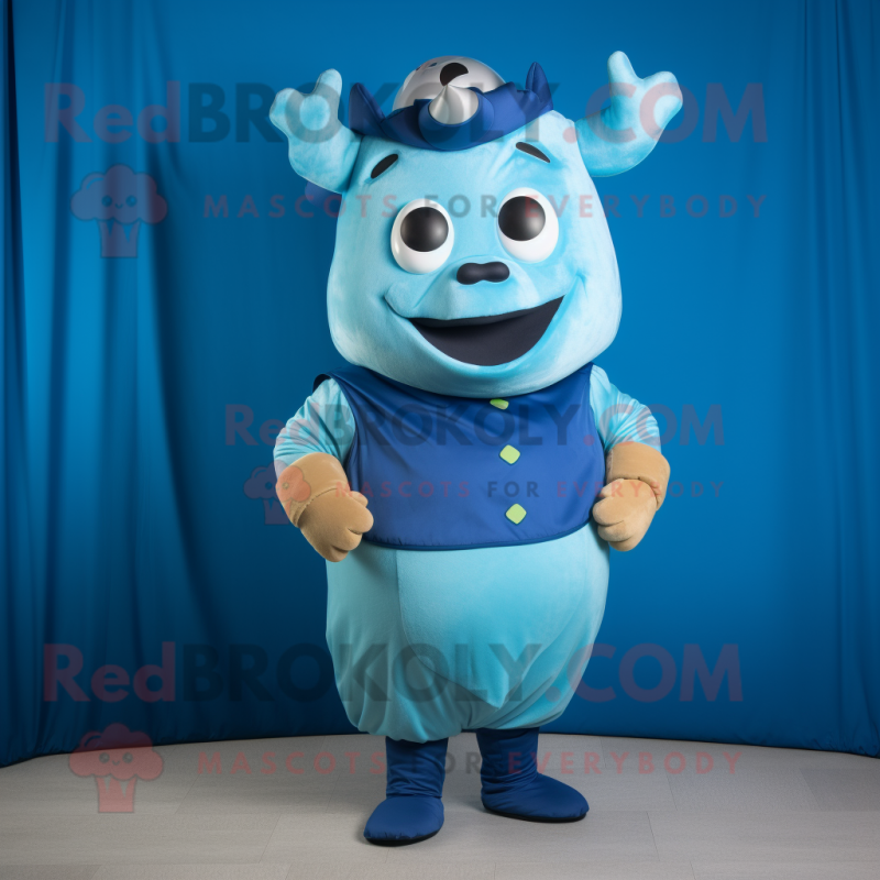 Blue Beef Wellington mascot costume character dressed with a Turtleneck and Earrings Blue Beef Wellington mascot costume character dressed with a Turtleneck and Earrings
