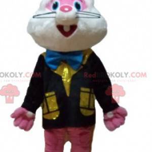 Mascotte coniglio rosa e bianco con un gilet colorato -