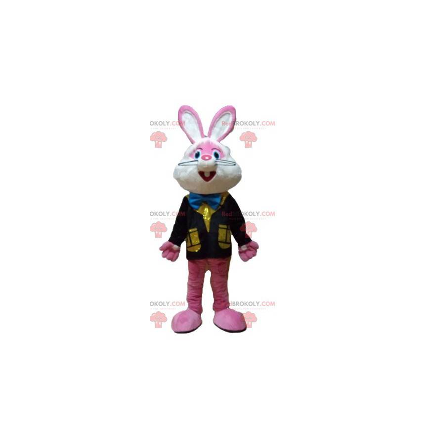 Mascotte coniglio rosa e bianco con un gilet colorato -