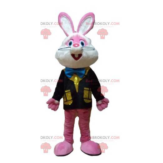 Mascota de conejo rosa y blanco con un chaleco colorido -