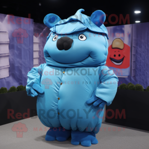 Blue Beef Wellington mascot costume character dressed with a Turtleneck and Earrings