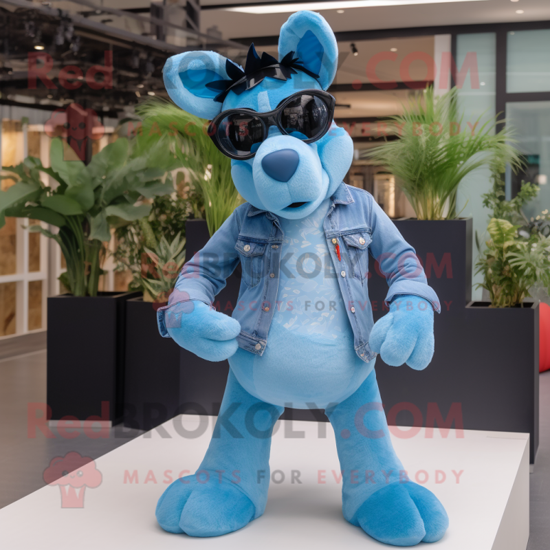 Sky Blue Donkey mascot costume character dressed with a Boyfriend Jeans and Sunglasses