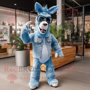 Sky Blue Donkey mascot costume character dressed with a Boyfriend Jeans and Sunglasses