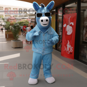 Sky Blue Donkey mascot costume character dressed with a Boyfriend Jeans and Sunglasses