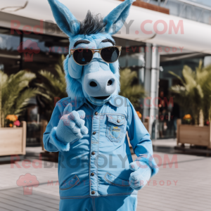 Sky Blue Donkey mascot costume character dressed with a Boyfriend Jeans and Sunglasses