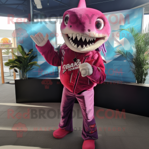Magenta Shark mascot costume character dressed with a Flare Jeans and Earrings