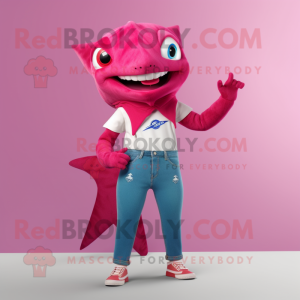 Magenta Shark mascot costume character dressed with a Flare Jeans and Earrings