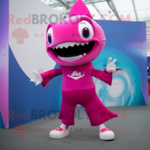 Magenta Shark mascot costume character dressed with a Flare Jeans and Earrings