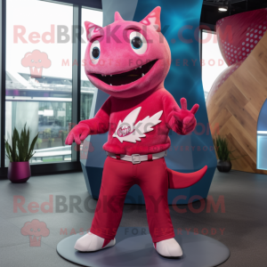 Magenta Shark mascot costume character dressed with a Flare Jeans and Earrings