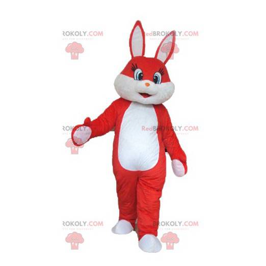 Mascote coelho vermelho e branco muito doce e fofo -