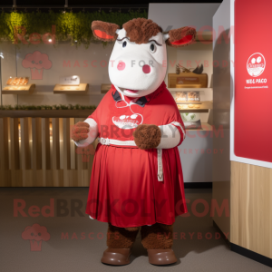 Red Beef Wellington mascot costume character dressed with a Midi Dress and Bracelets