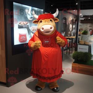 Red Beef Wellington mascot costume character dressed with a Midi Dress and Bracelets