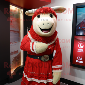 Red Beef Wellington mascot costume character dressed with a Midi Dress and Bracelets