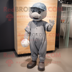 Gray Baseball Ball mascot costume character dressed with a Dungarees and Foot pads