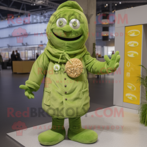 Green Pesto Pasta mascot costume character dressed with a Parka and Brooches