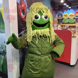 Green Pesto Pasta mascot costume character dressed with a Parka and Brooches