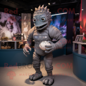 Gray Trilobite mascot costume character dressed with a Rugby Shirt and Bracelets