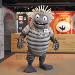 Gray Trilobite mascot costume character dressed with a Rugby Shirt and Bracelets
