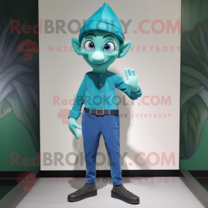 Cyan Elf mascot costume character dressed with a Skinny Jeans and Caps