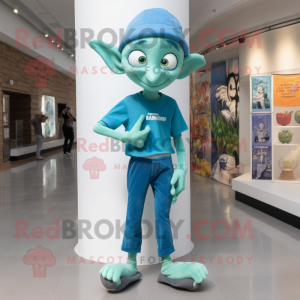 Cyan Elf mascot costume character dressed with a Skinny Jeans and Caps