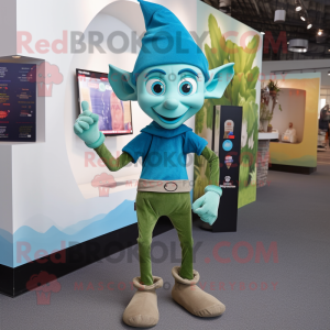 Cyan Elf mascot costume character dressed with a Skinny Jeans and Caps