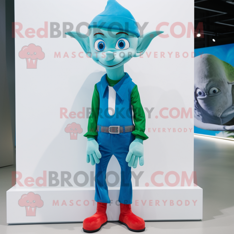 Cyan Elf mascot costume character dressed with a Skinny Jeans and Caps Cyan Elf mascot costume character dressed with a Skinny Jeans and Caps