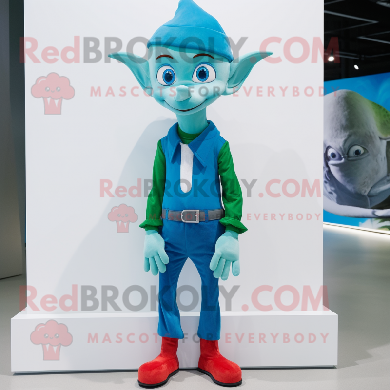 Cyan Elf mascot costume character dressed with a Skinny Jeans and Caps