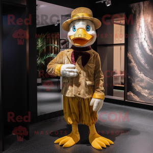 Gold Goose mascot costume character dressed with a Corduroy Pants and Hats