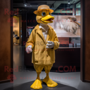 Gold Goose mascot costume character dressed with a Corduroy Pants and Hats