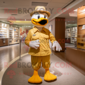 Gold Goose mascot costume character dressed with a Corduroy Pants and Hats