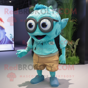 Cyan Piranha mascot costume character dressed with a Shorts and Eyeglasses