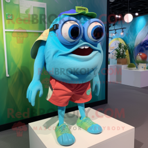 Cyan Piranha mascot costume character dressed with a Shorts and Eyeglasses