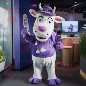 Lavender Jersey Cow mascot costume character dressed with a Bodysuit and Beanies