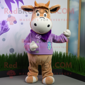 Lavender Jersey Cow mascot costume character dressed with a Bodysuit and Beanies